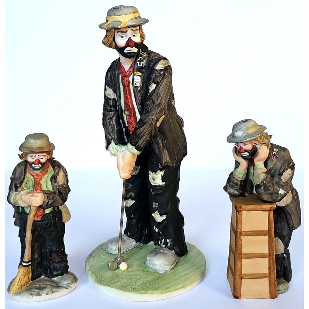 Vtg‎ Flambro Emmett Kelly Jr Weary Willie Clown Figurine Set Golfing Hobo Decor